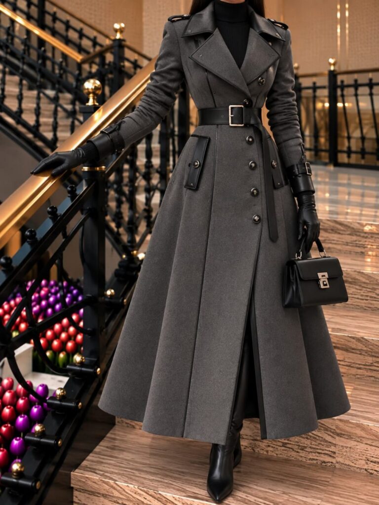 A person in a long grey belted wool coat standing on a staircase.