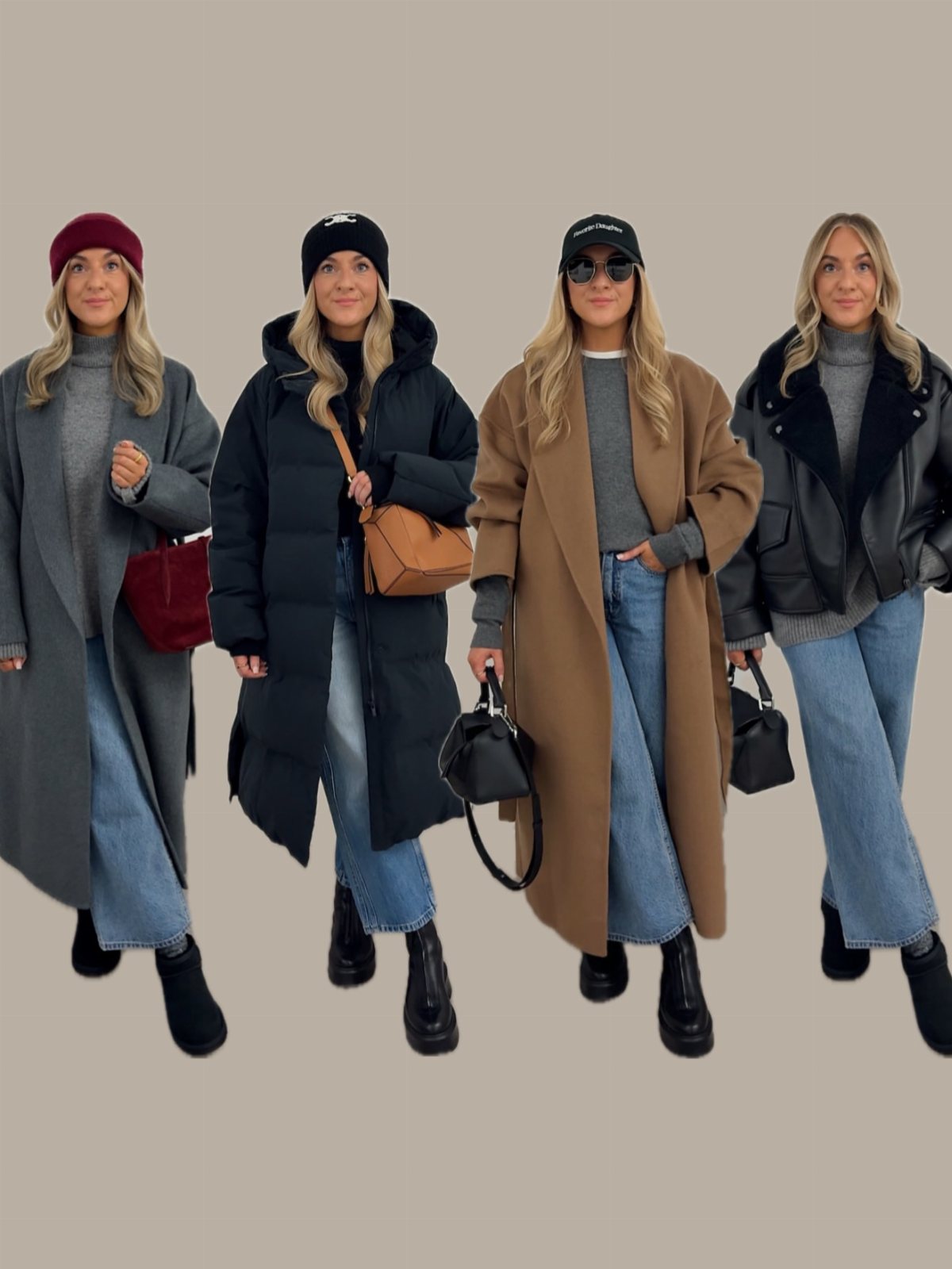 Four women posing in various stylish winter outfits including long coats, puffer jackets, and boots.