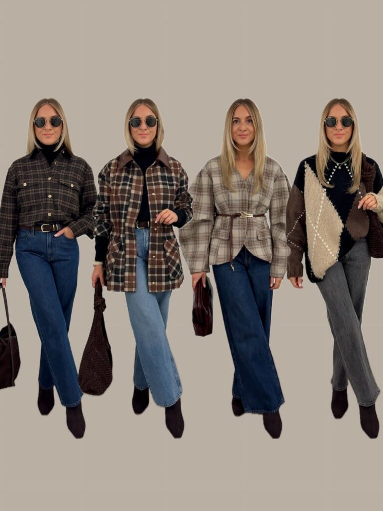 Four women posing in various plaid shirts, denim jeans, and boots against a beige background.