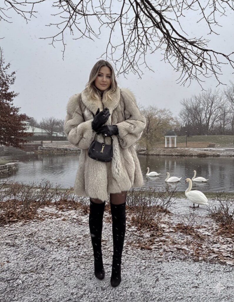 A woman in a beige fur coat and black boots standing by a snowy lake with swans.
