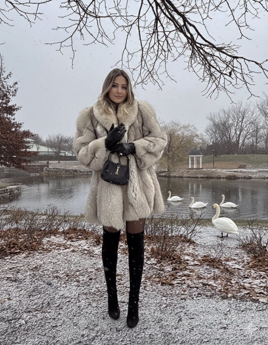 A woman in a beige fur coat and black boots standing by a snowy lake with swans.