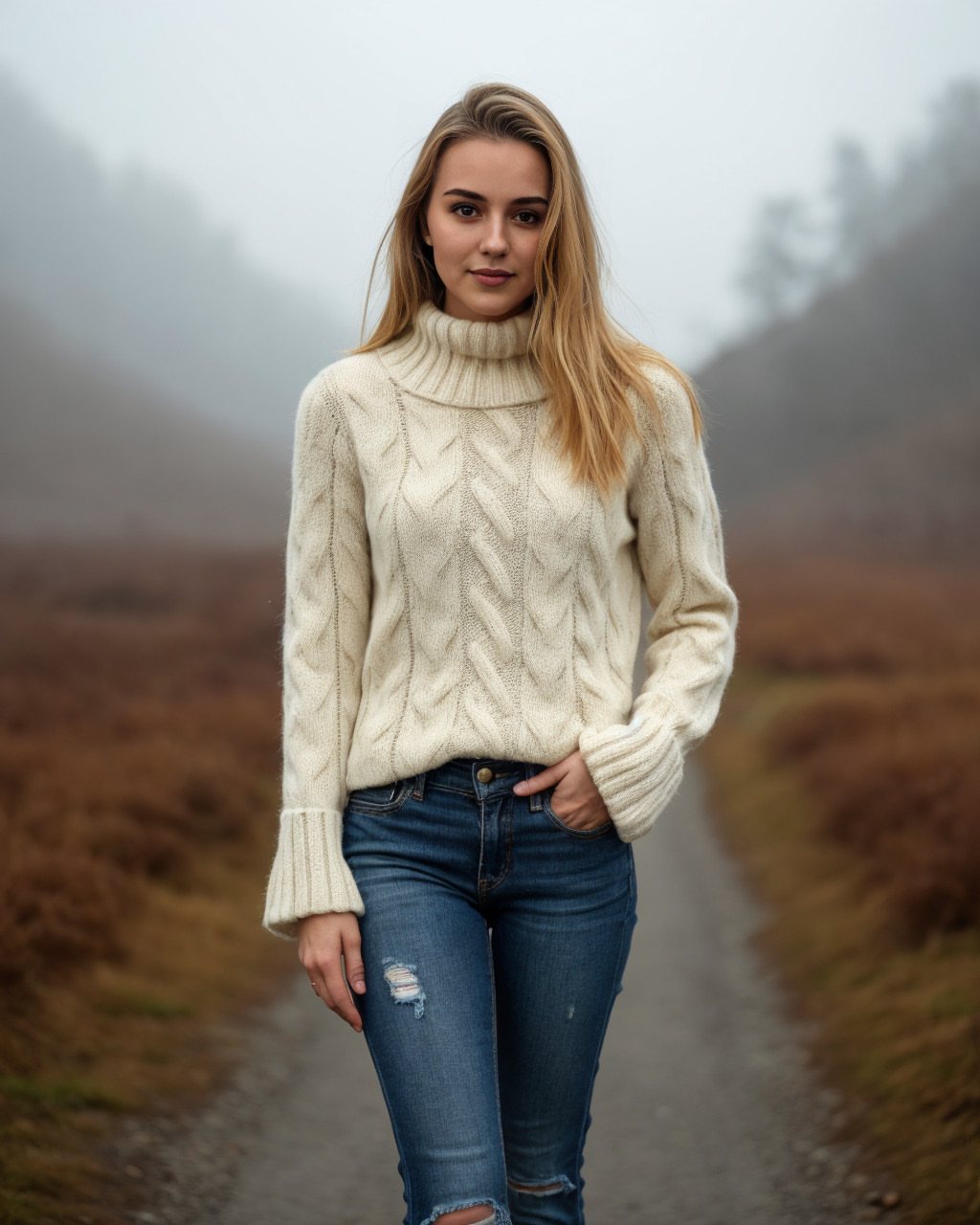 A woman wearing a cream cable-knit turtleneck jumper and blue jeans standing on a misty path.