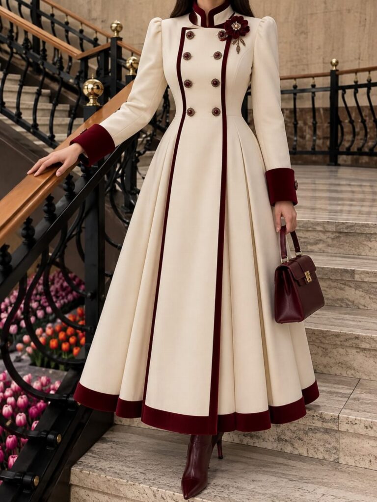 A person wearing a cream and burgundy formal coat dress standing on stone stairs.