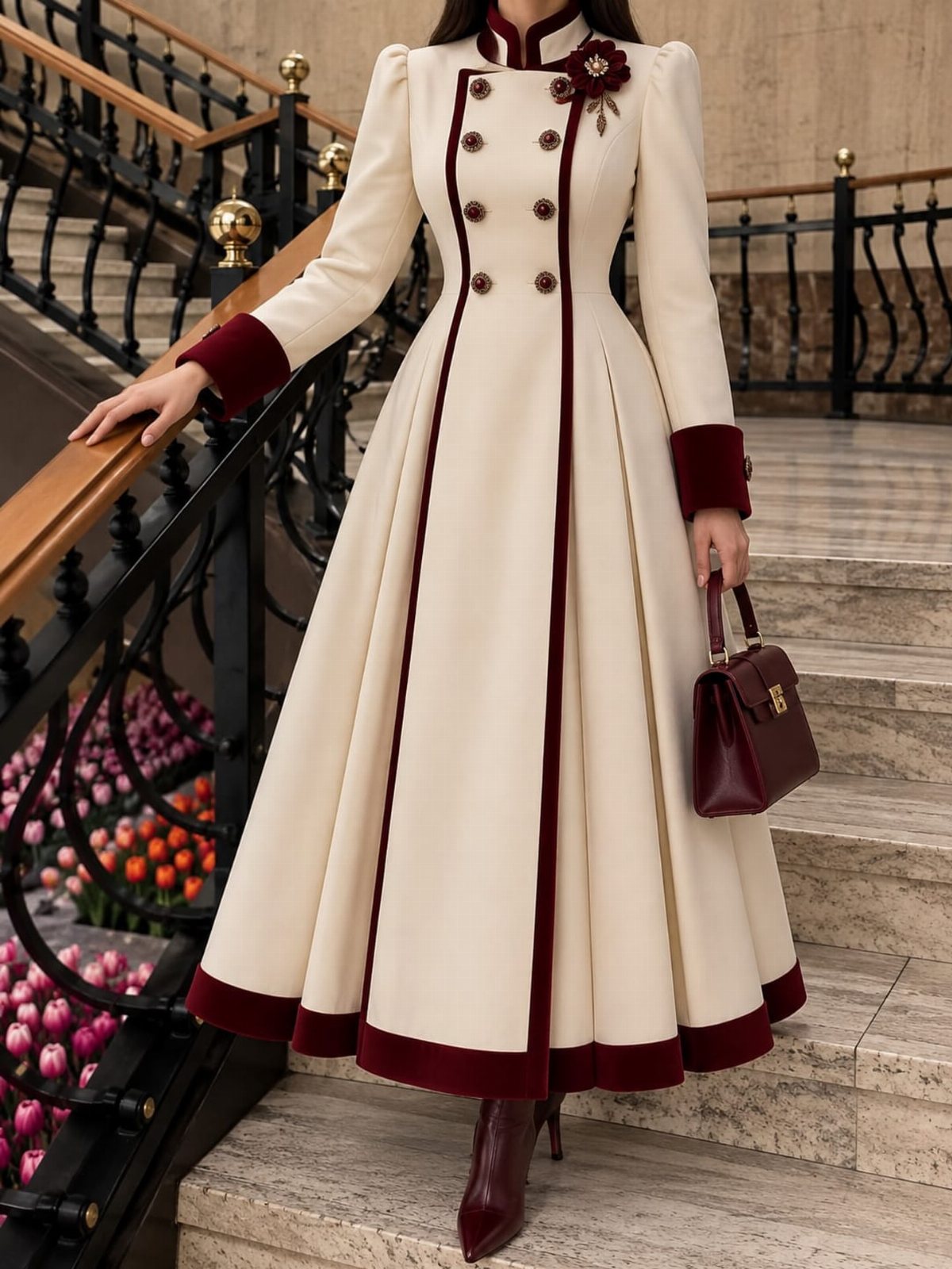 A person wearing a cream and burgundy formal coat dress standing on stone stairs.