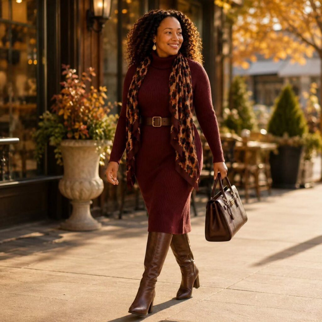 Smiling woman in a burgundy sweater dress, leopard scarf, belt, and tall brown boots walking outdoors.
