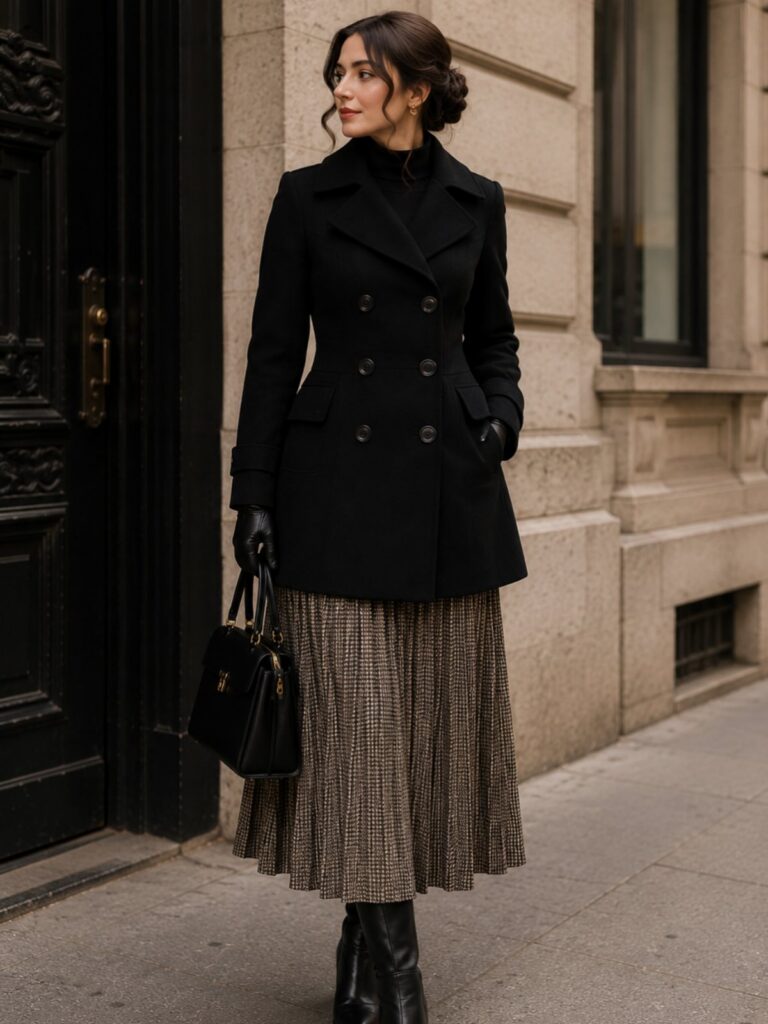 Woman wearing a black pea coat, patterned midi skirt, and black boots standing outdoors.