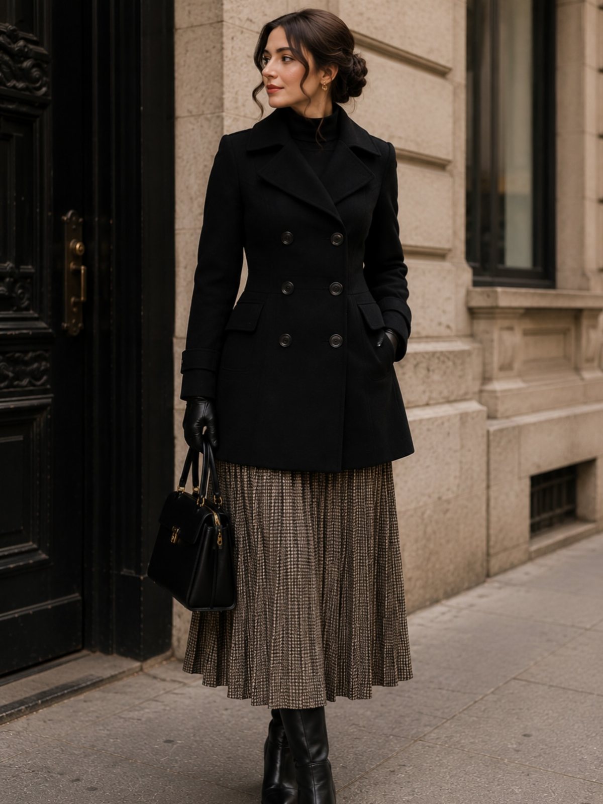 Woman wearing a black pea coat, patterned midi skirt, and black boots standing outdoors.