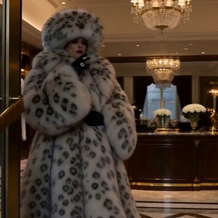 A woman in a large leopard-print fur coat and matching hat standing in a luxury lobby.