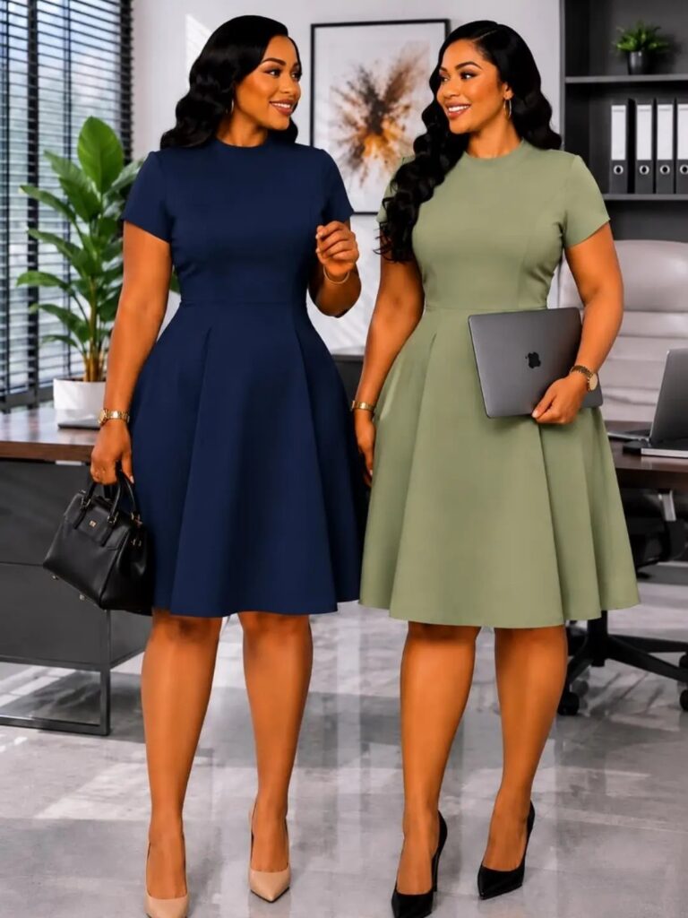 Two women wearing stylish short-sleeved A-line business casual dresses in navy and olive green.