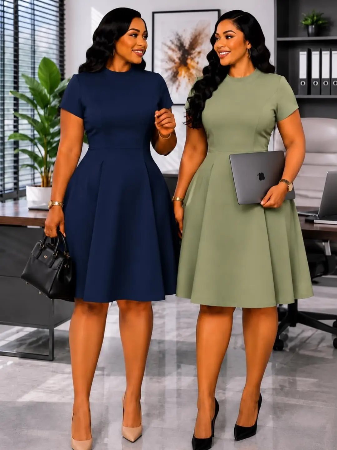 Two women wearing stylish short-sleeved A-line business casual dresses in navy and olive green.